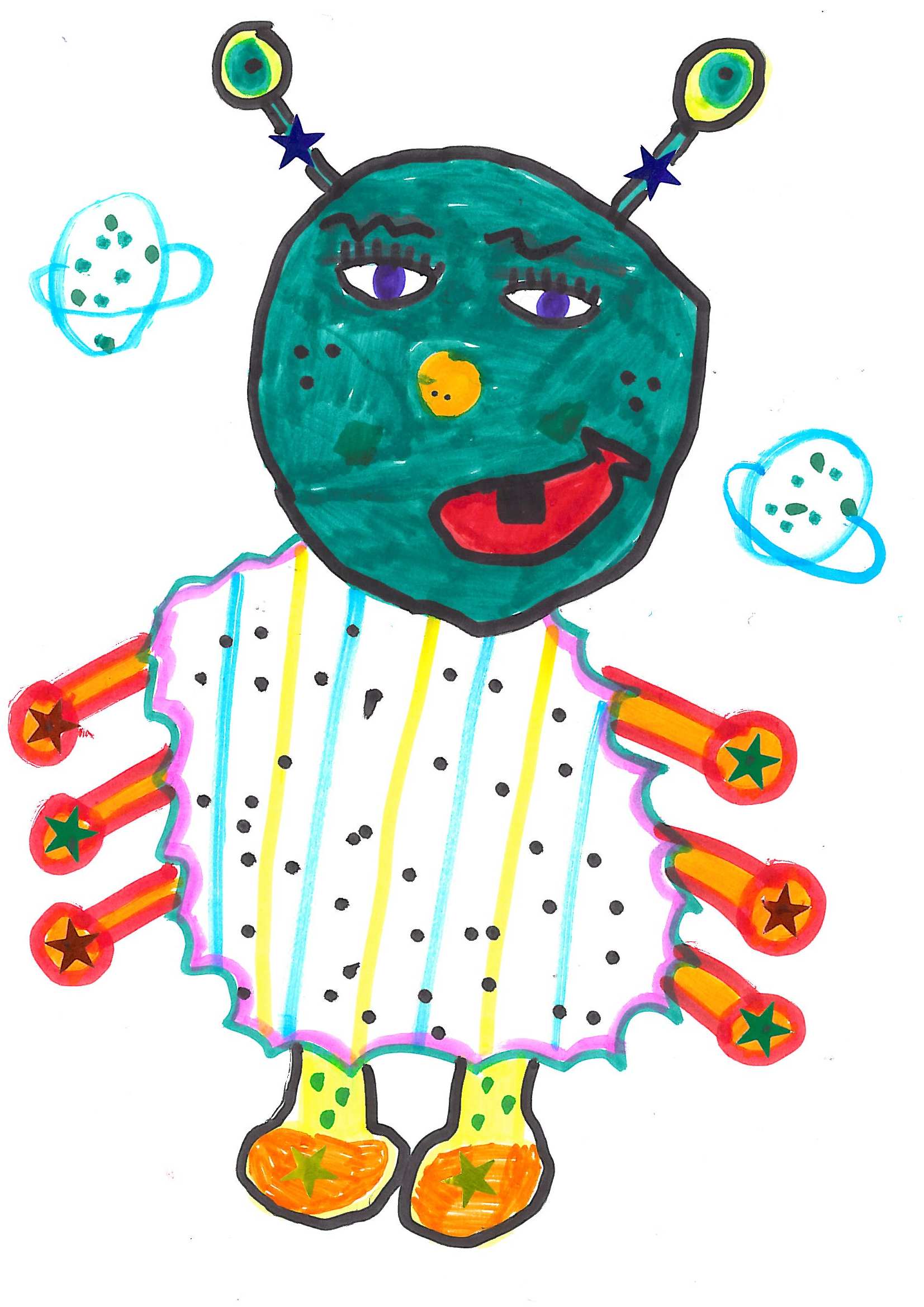 A hand drawn monster done in bright felt tips by a child as part of the Free All Monsters project